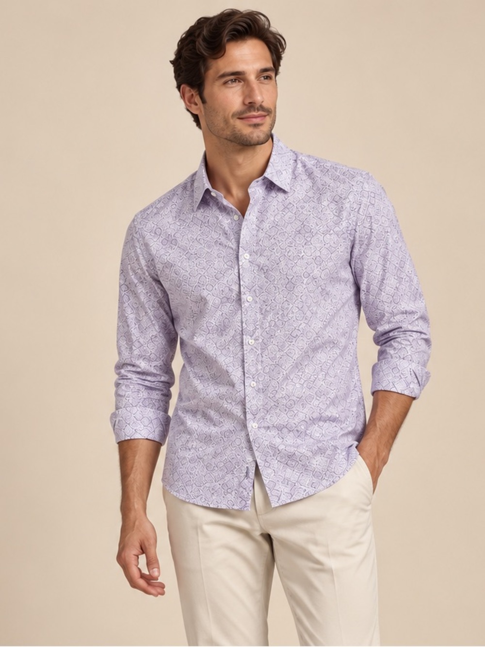 Tasso Elba Lilac Patterned Long-Sleeve Button-Down Shirt XL